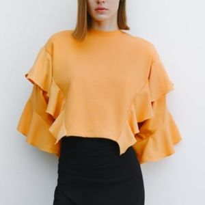 Zara Cropped Orange Ruffle Sweatshirt Small